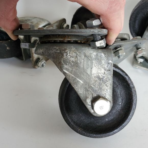 Industrial Factory Cast Iron Swivel Castors w/ Bolts, Vtg Heavy Duty 3.5" Wheels - Picture 7 of 12